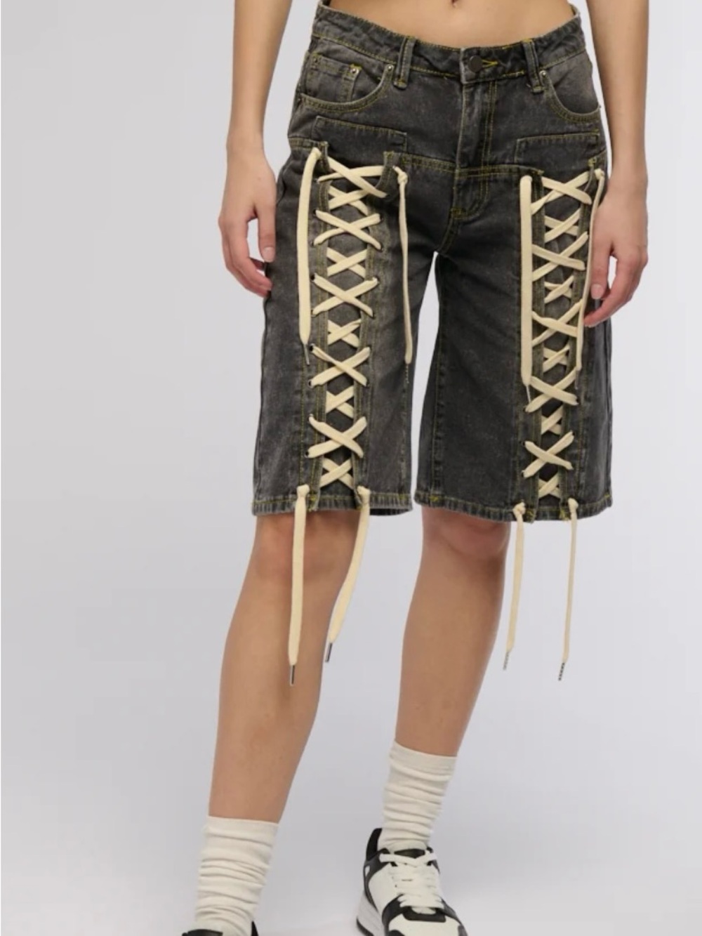 Akira Lace Me Up Denim Bermuda Shorts